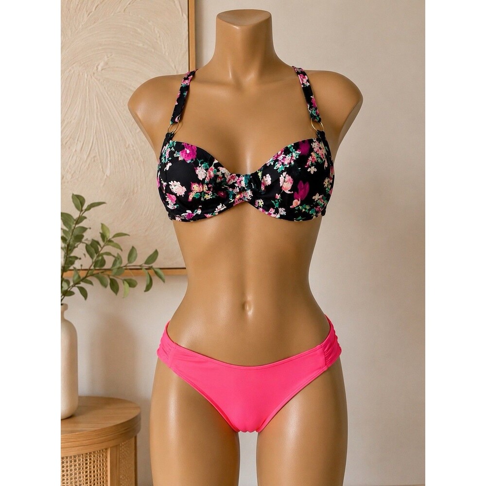 PINK Victoria's Secret Floral Underwired Bikini Set 34C Black/Pink 2pc